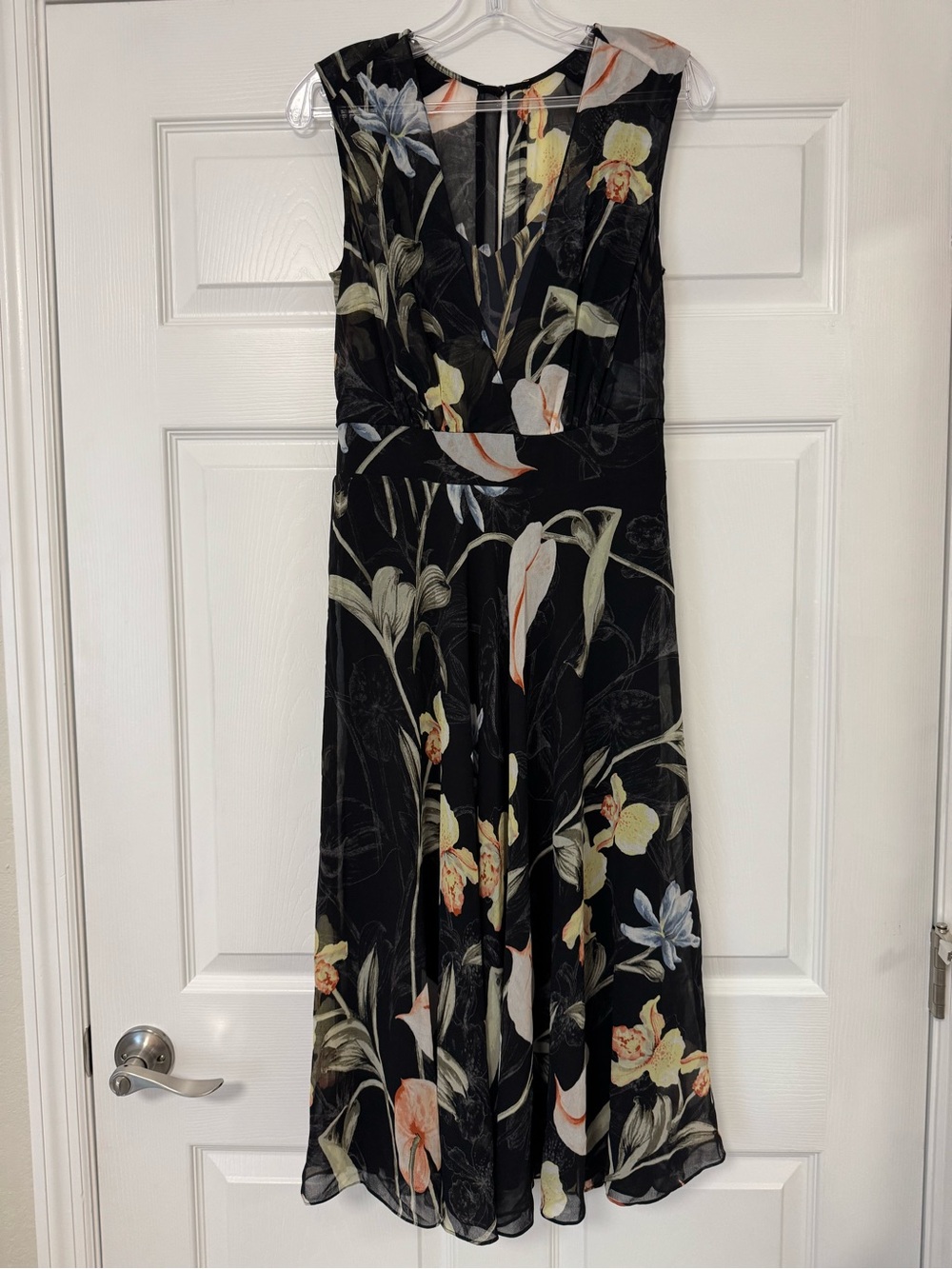 WHBM Sleeveless Black Floral V-Neck Midi Dress